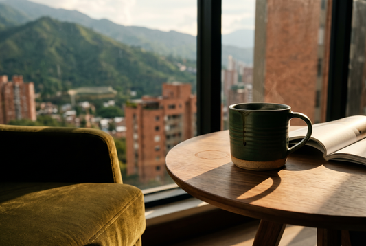 Pocillo de café junto a una ventana con vista a las montañas de Medellín