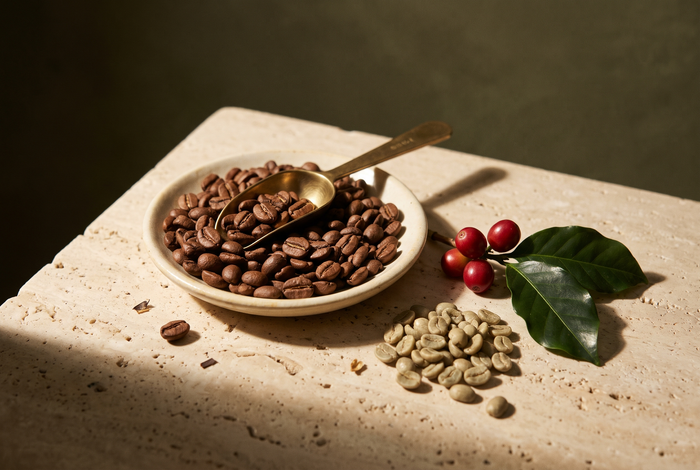 Café tostado, café verde y cerezas de café