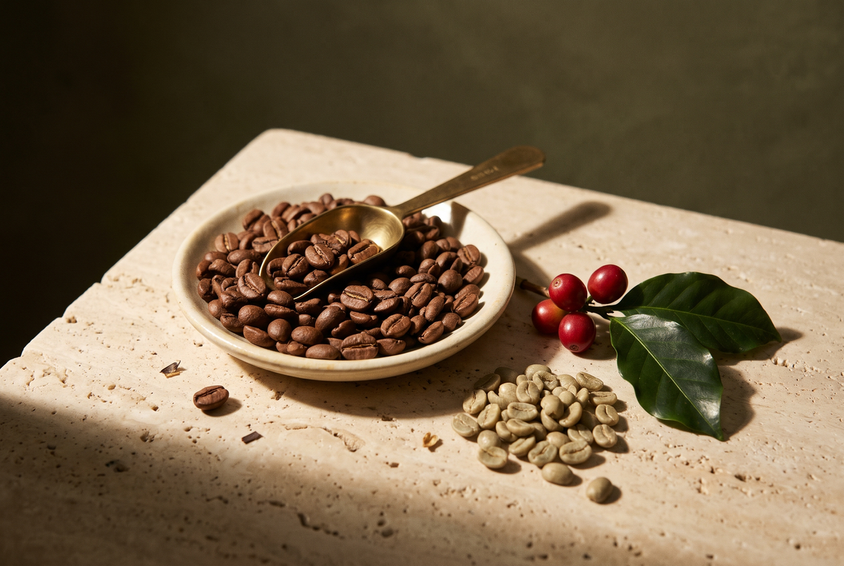 Café tostado, café verde y cerezas de café sobre piedra travertino