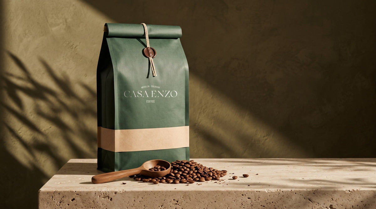 Bolsa Casa Enzo de 5 kg para empresas, sobre travertino con café en grano